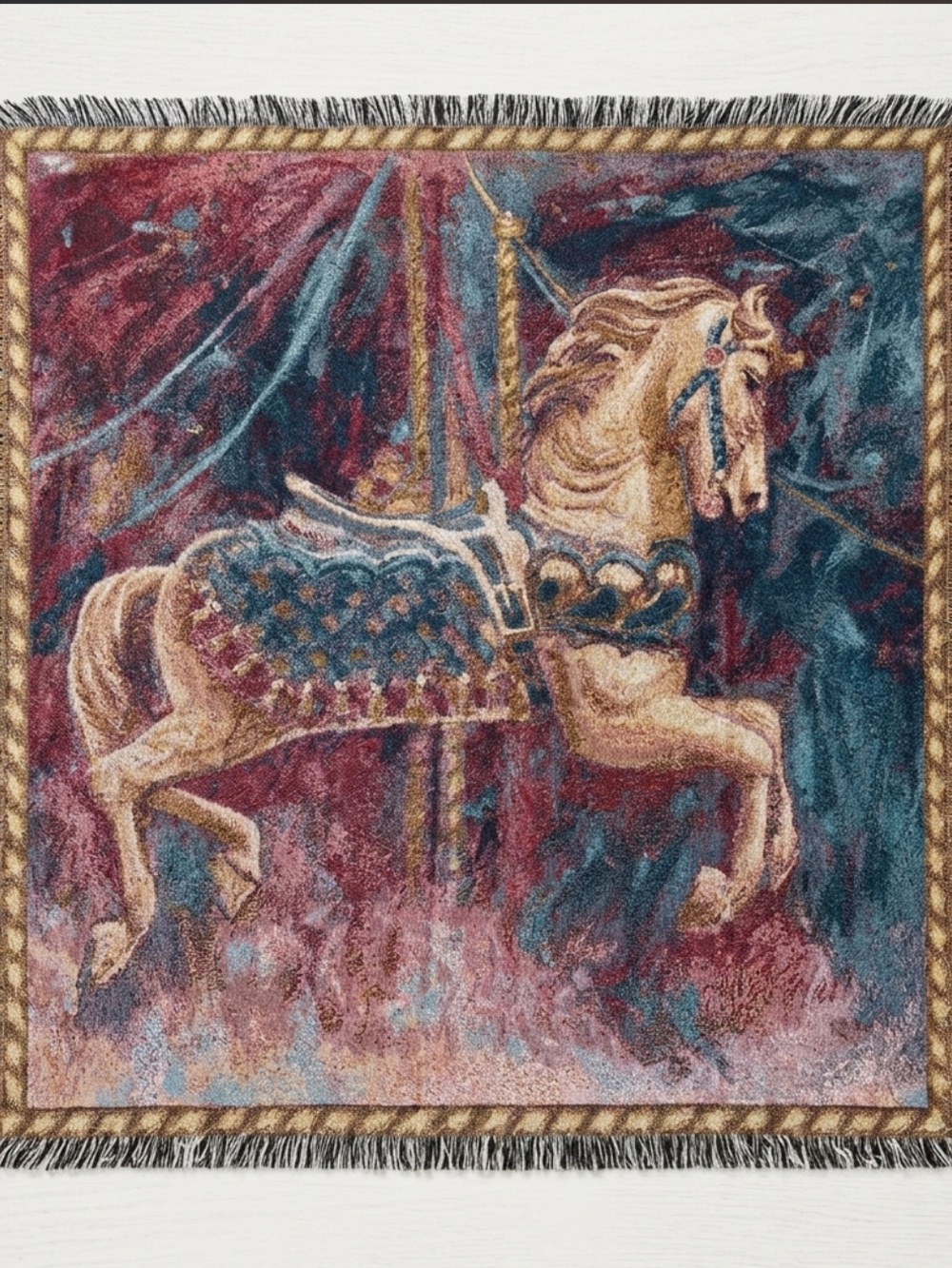 VTG CAROUSEL HORSE Unicorn WOVEN TAPESTRY THROW BLANKET 50" X 70"  100% Cotton